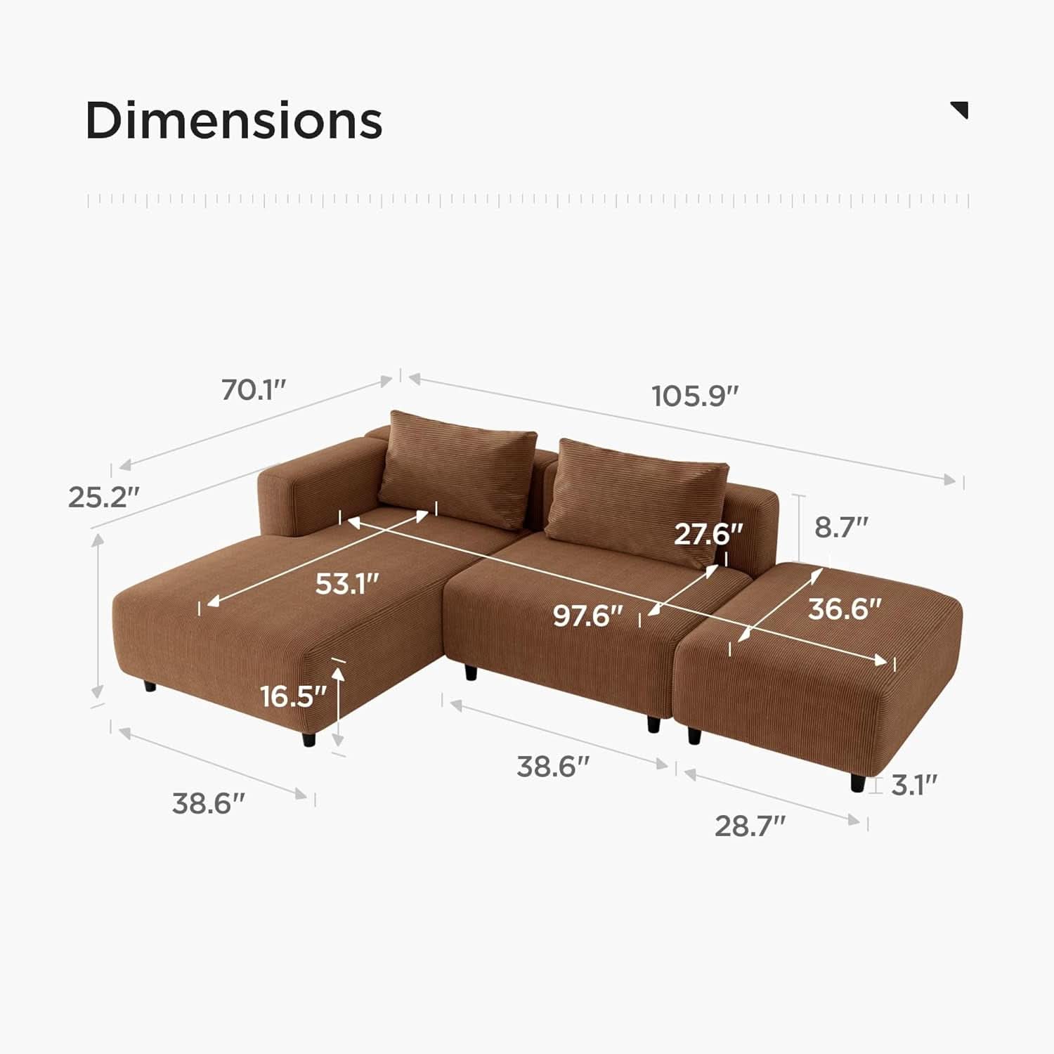 Corduroy Sectional Sofa Orange Brown L Shaped Chaise