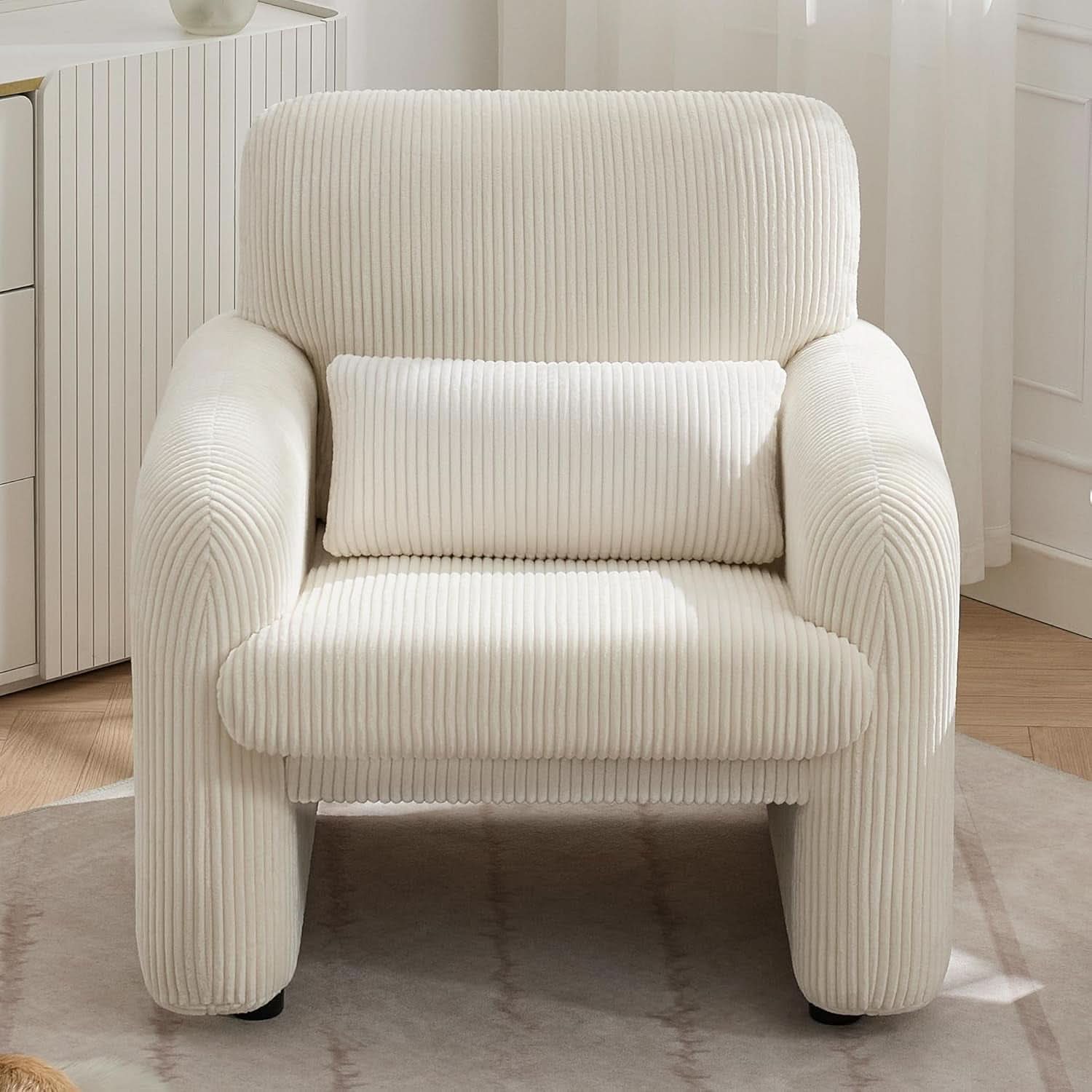 Corduroy Upholstered Accent Chair White Lumbar Pillow