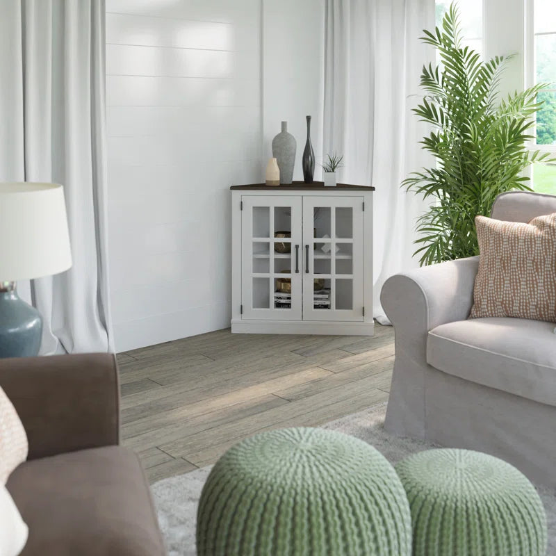 Corner Accent Cabinet With Double Glass Doors Mullions