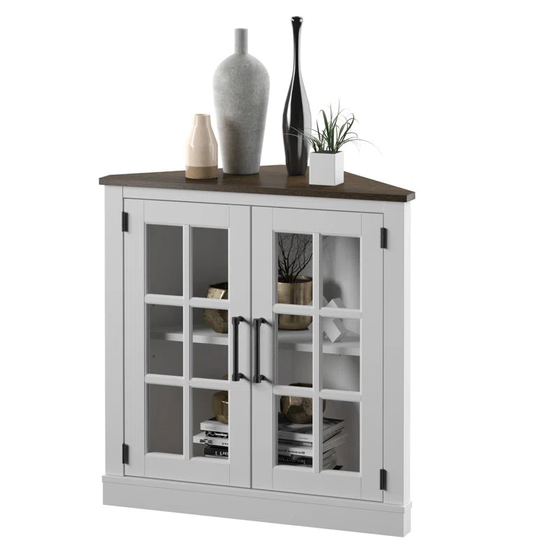 Corner Accent Cabinet With Double Glass Doors Mullions