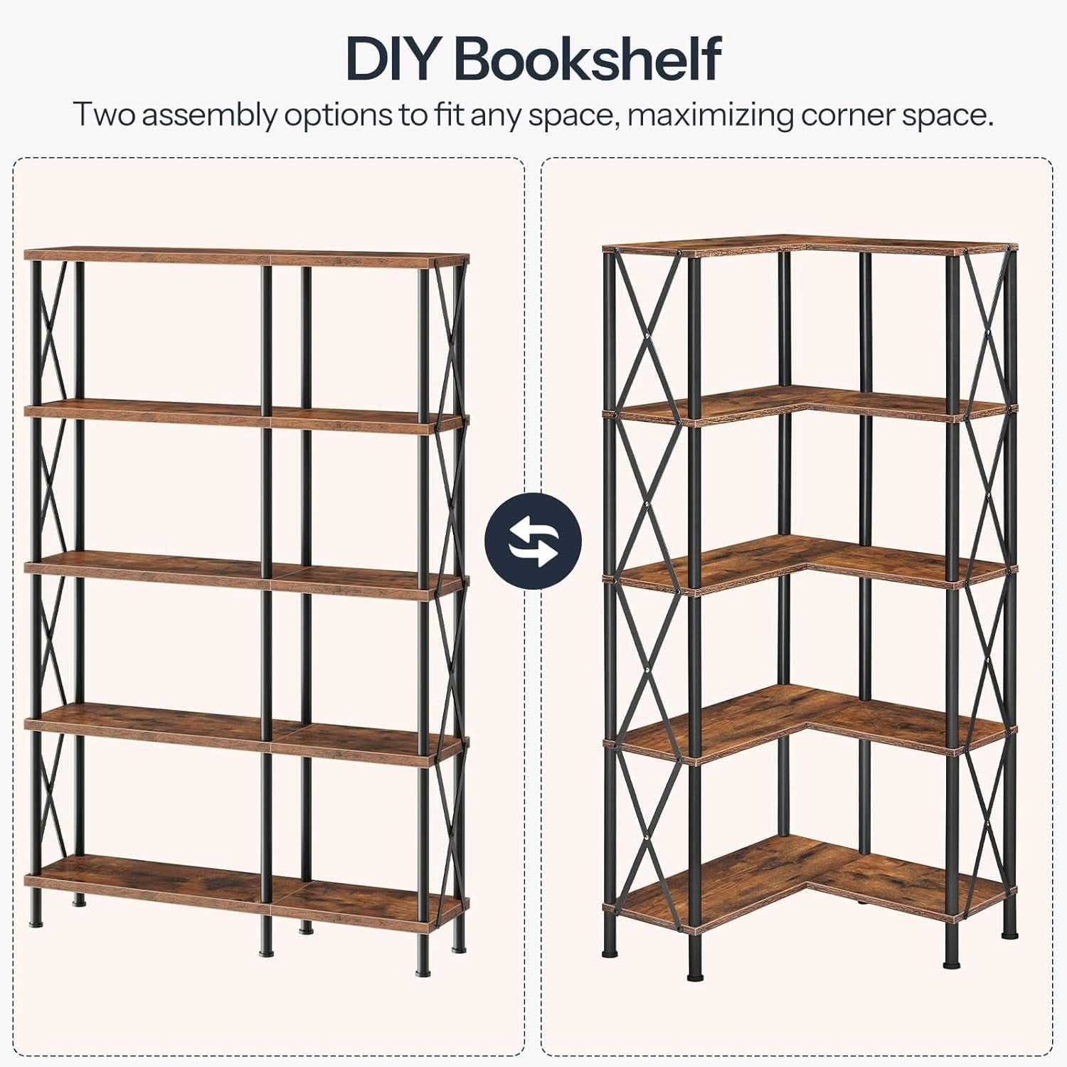 Corner Bookshelf 5-Tier L-Shaped Industrial Bookcase In Rustic Brown