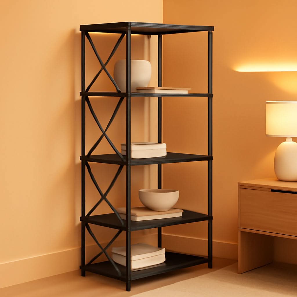 Corner Bookshelf 5 Tier L Shaped Industrial Open Display Shelf Black