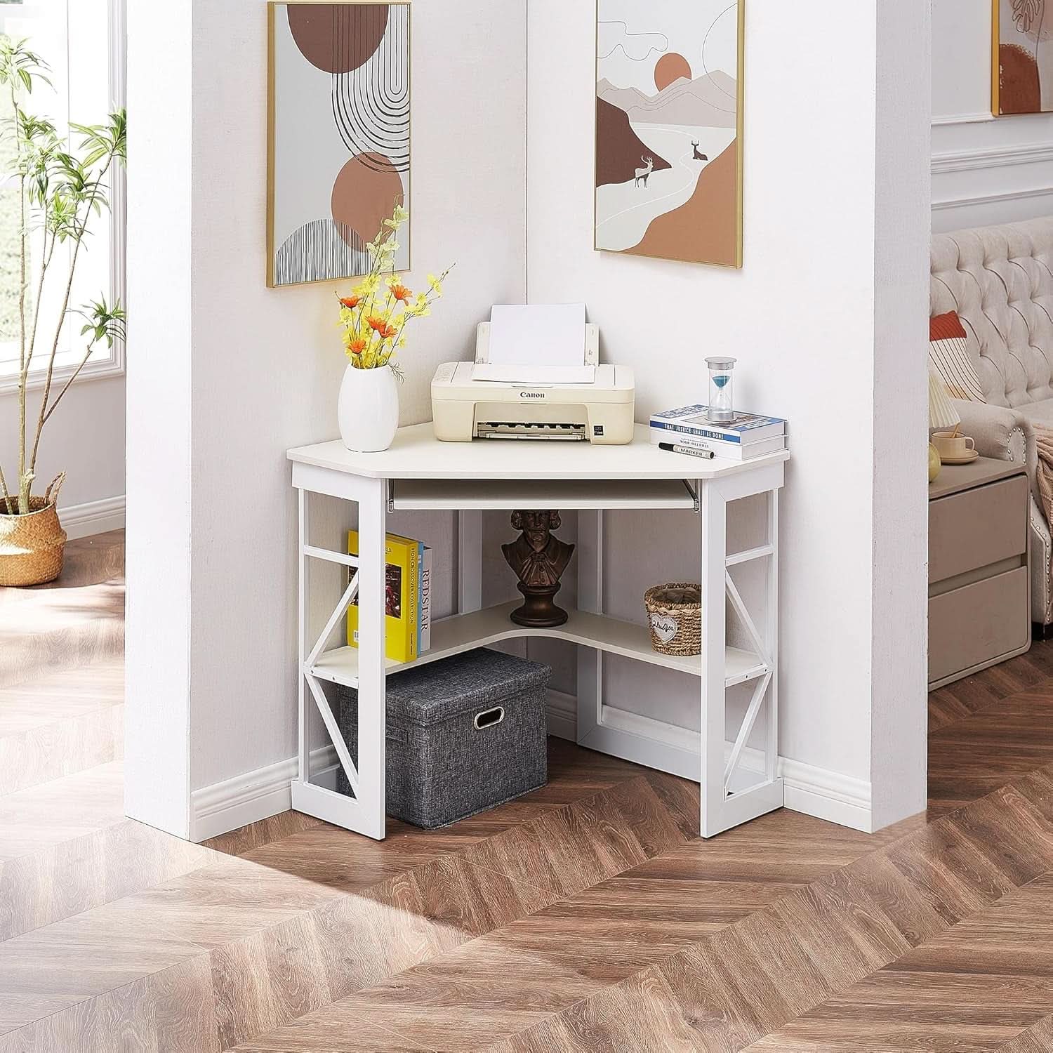 Corner Computer Desk with Keyboard Tray and Storage Shelves