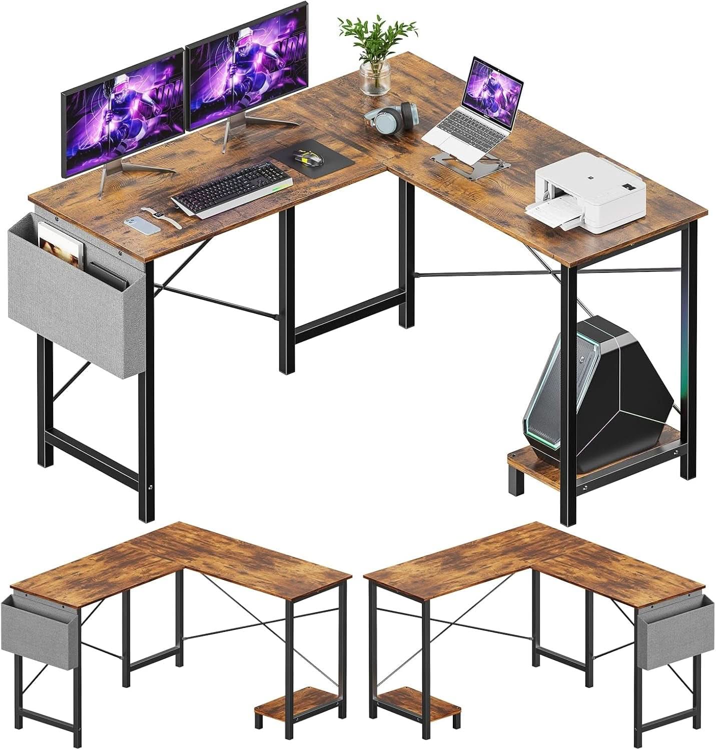 Corner L Shaped Gaming Desk With CPU Stand And Side Bag
