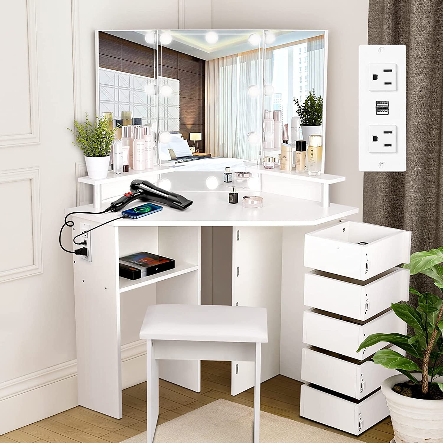 Corner Vanity Desk With Lights And USB Charging Ports