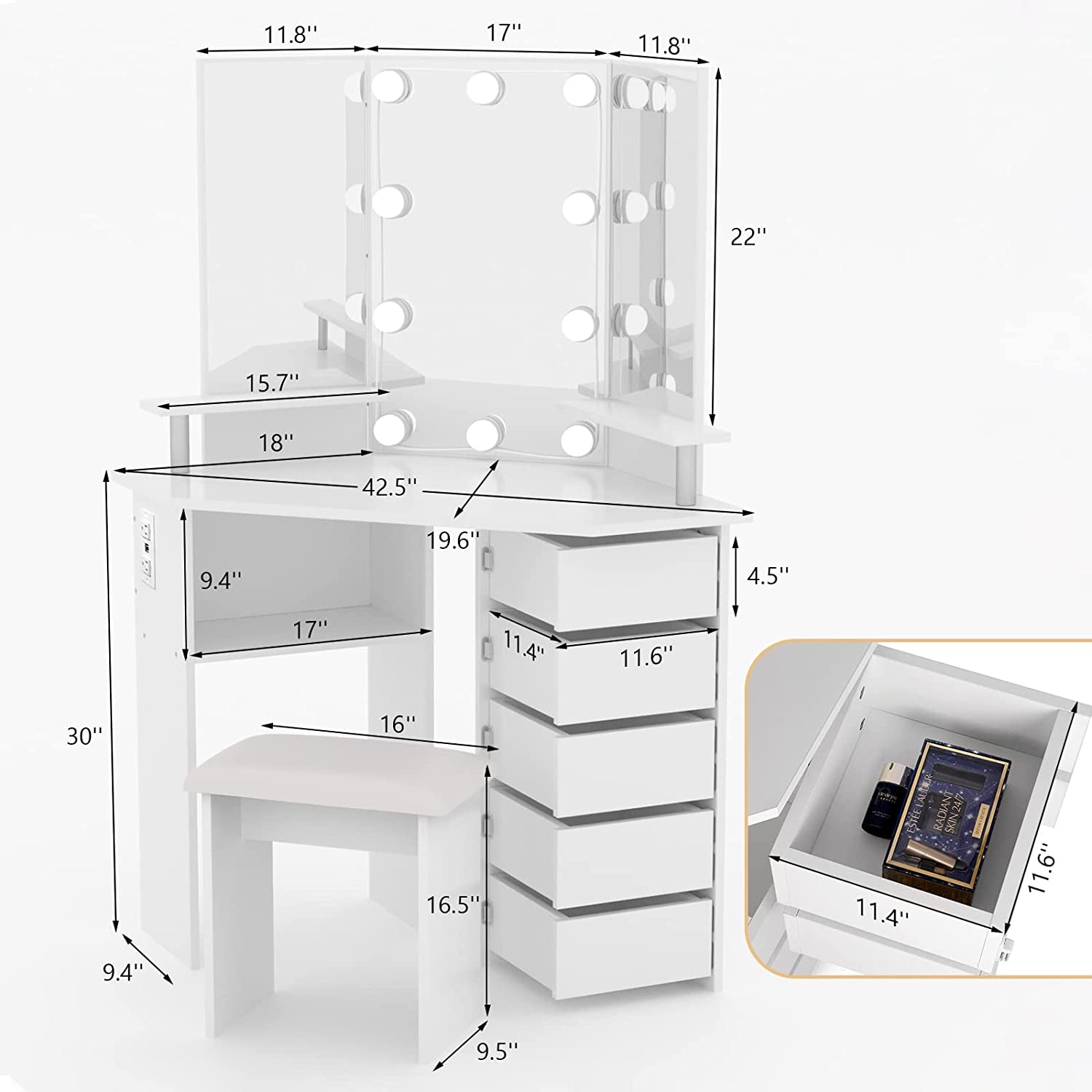 Corner Vanity Desk With Lights And USB Charging Ports