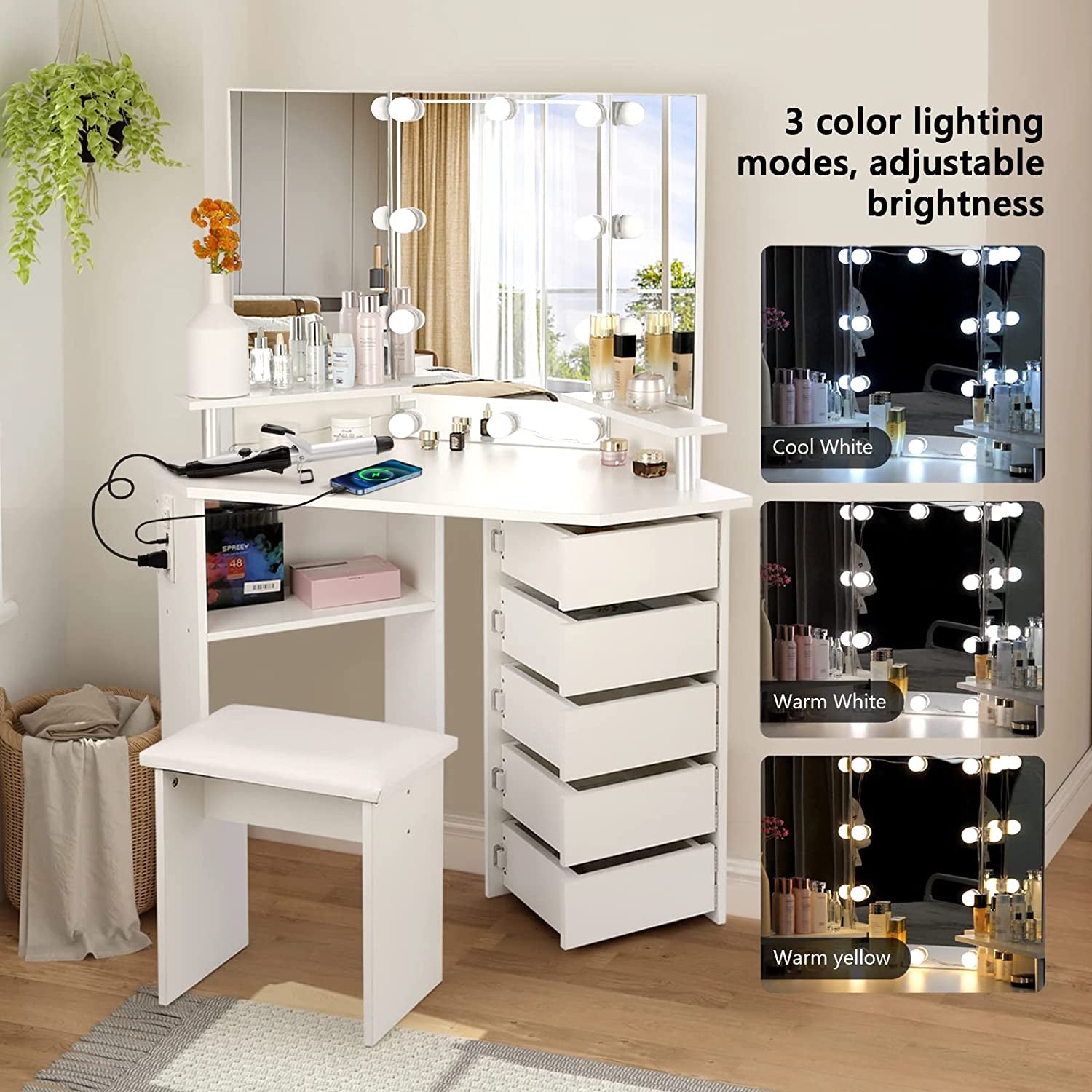 Corner Vanity Desk With Lights And USB Charging Ports
