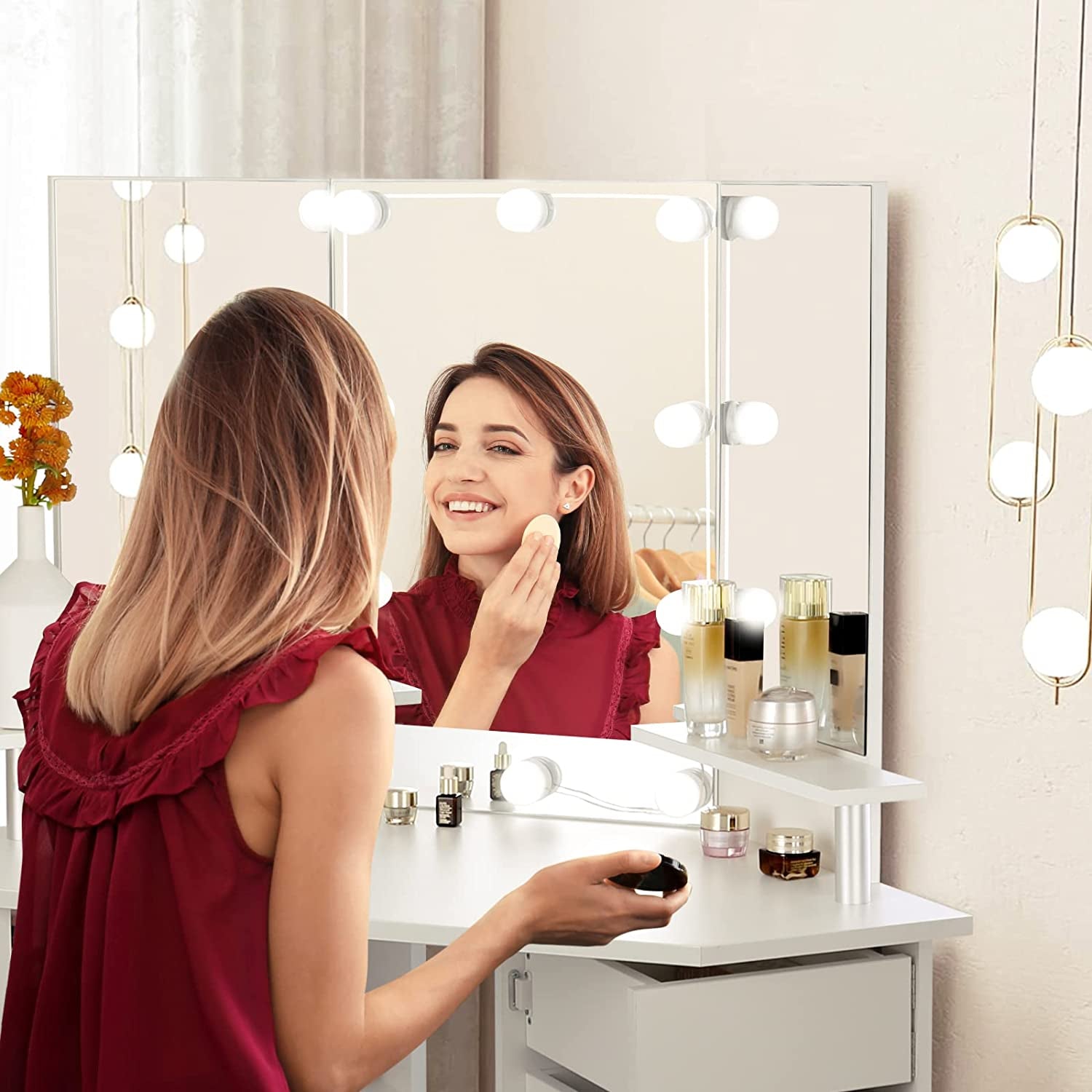Corner Vanity Desk With Lights And USB Charging Ports