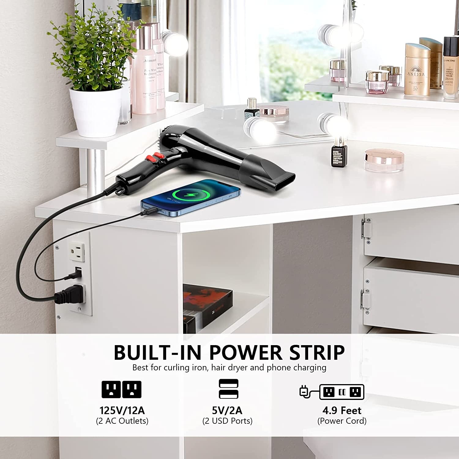 Corner Vanity Desk With Lights And USB Charging Ports