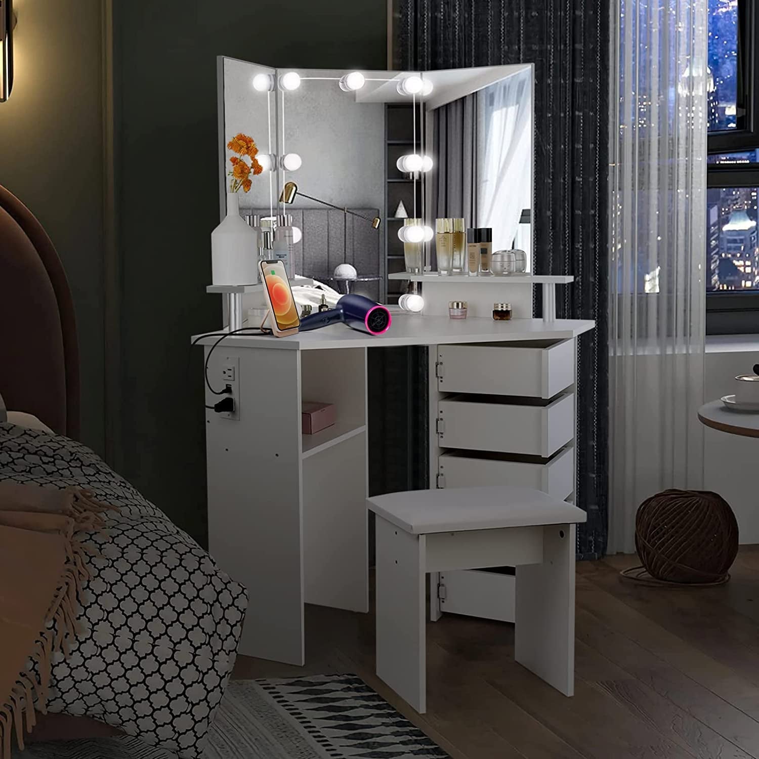 Corner Vanity Desk With Lights And USB Charging Ports