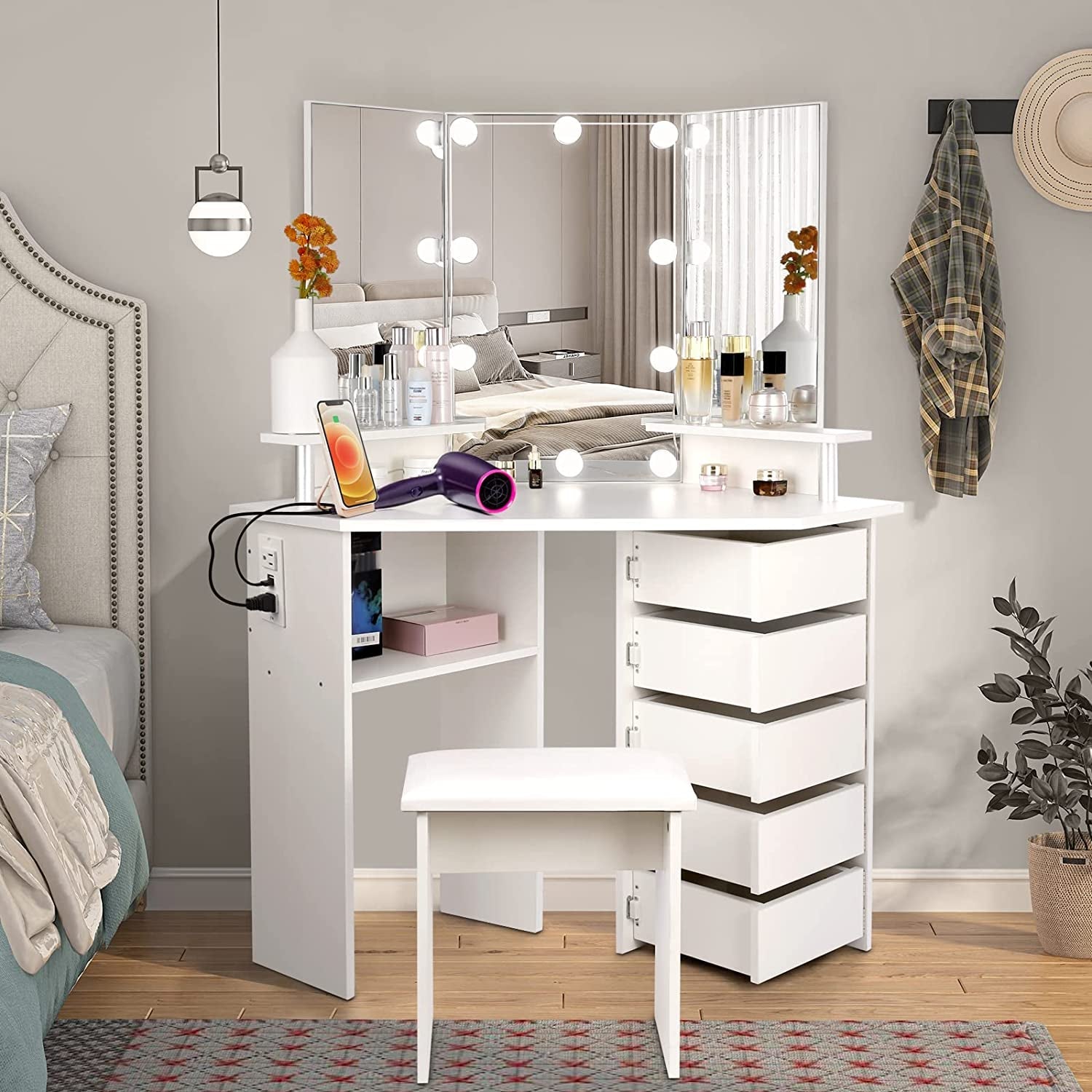 Corner Vanity Desk With Lights And USB Charging Ports