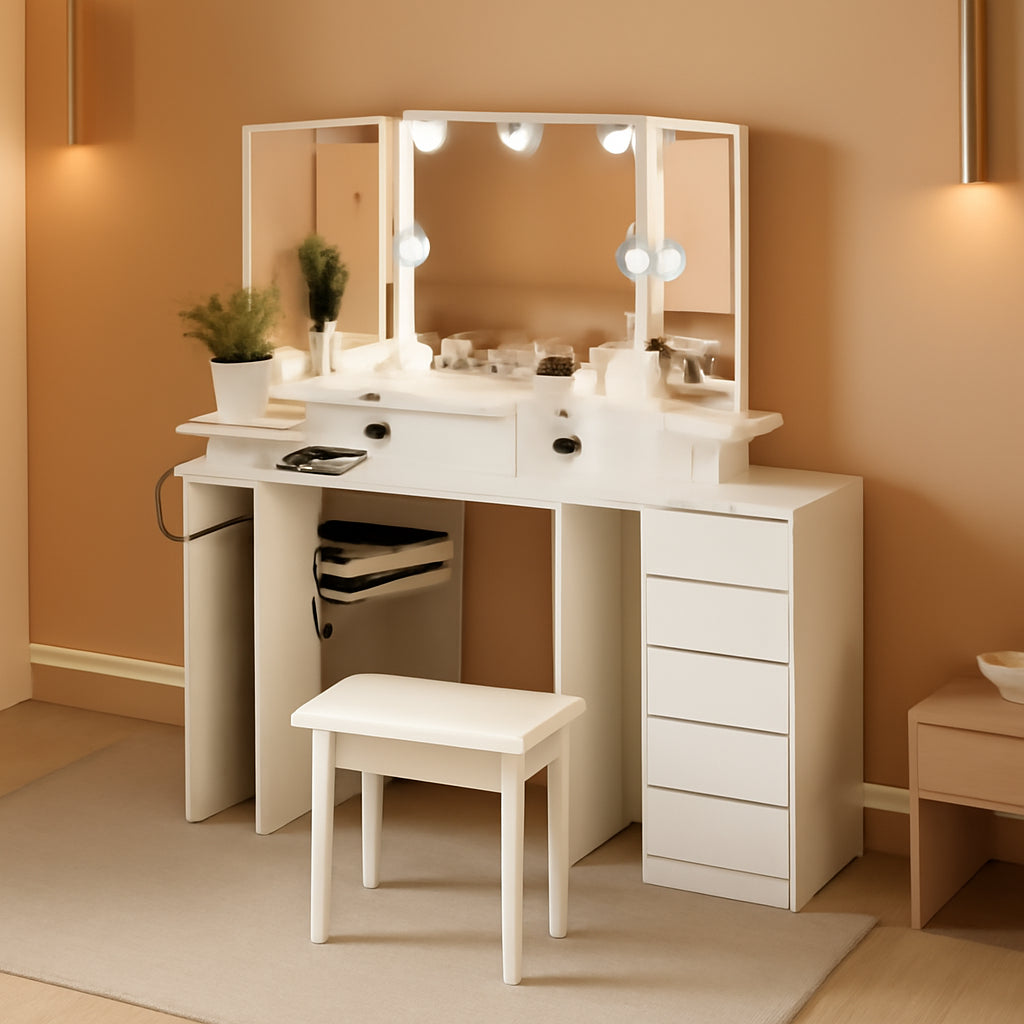 Corner Vanity Desk With Lights And USB Charging Ports
