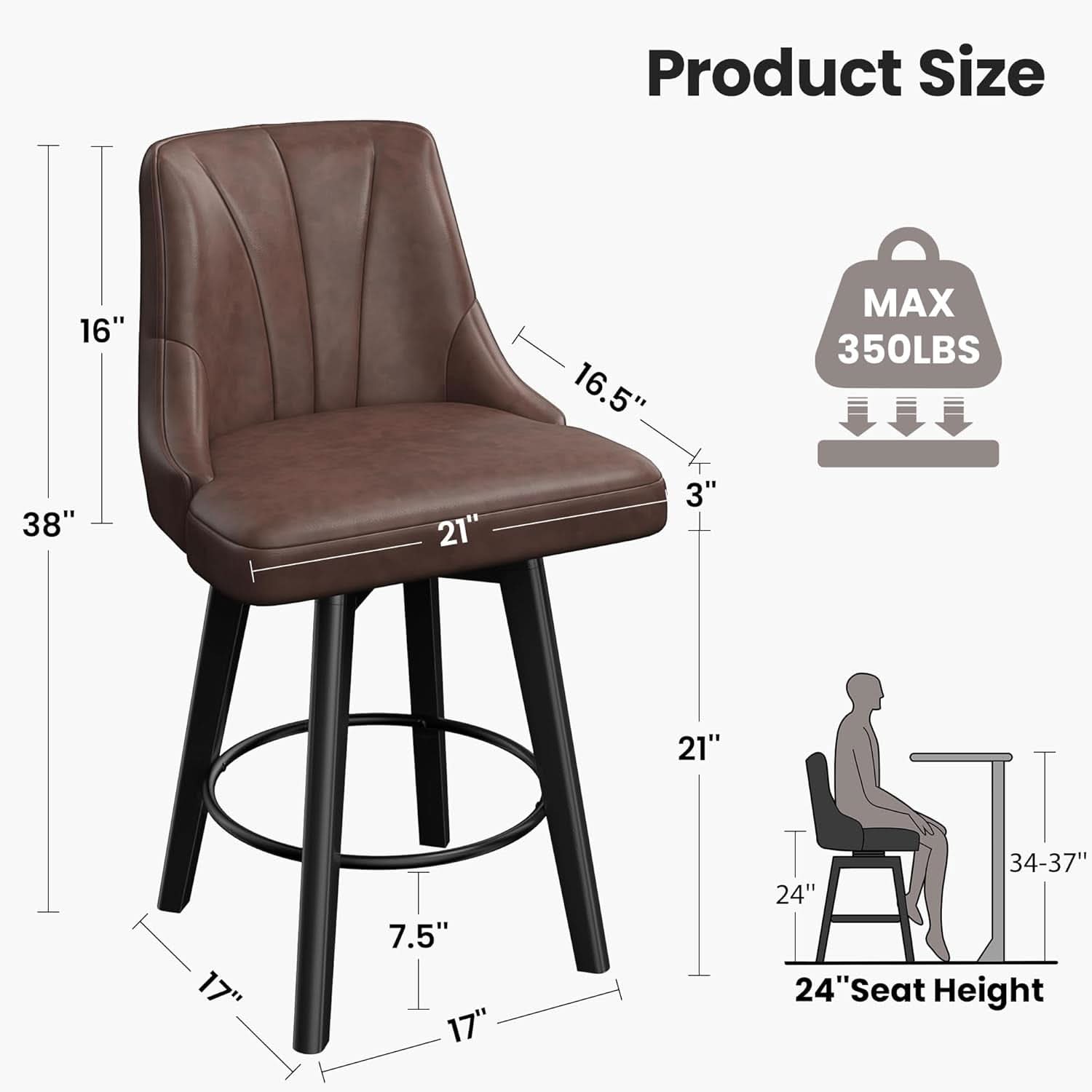 Counter Height Bar Stool 24 Inch PU Leather Swivel
