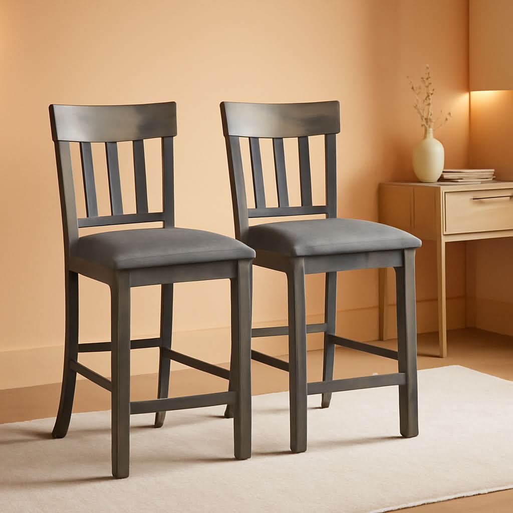 Counter Height Bar Stool Pair Dark Gray 25.75in Upholstered