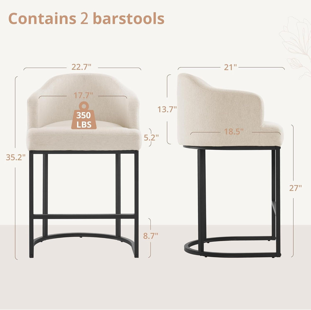 Counter Height Bar Stool Set Of 2 27 Inch High With Curved Backrest And Arms For Kitchen Island