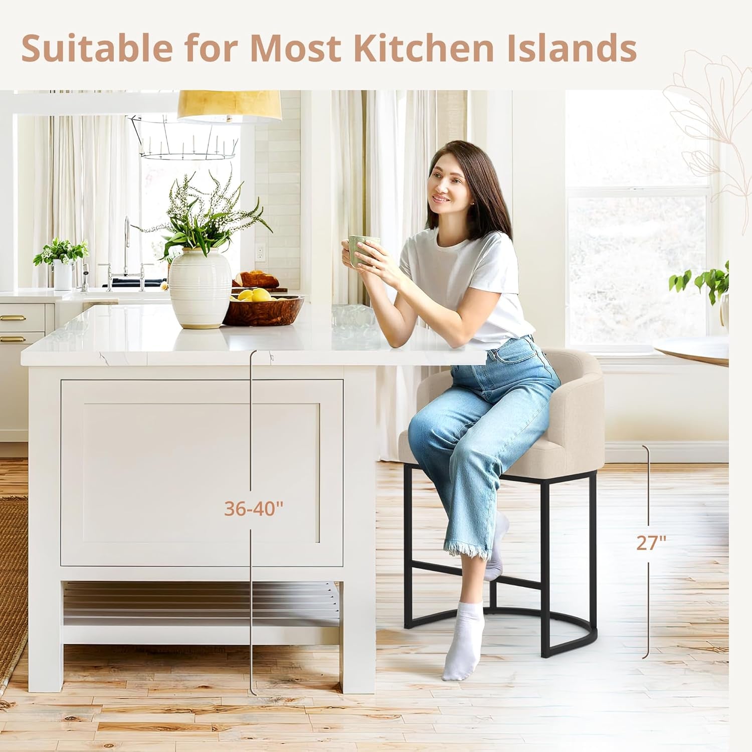 Counter Height Bar Stool Set Of 2 27 Inch High With Curved Backrest And Arms For Kitchen Island