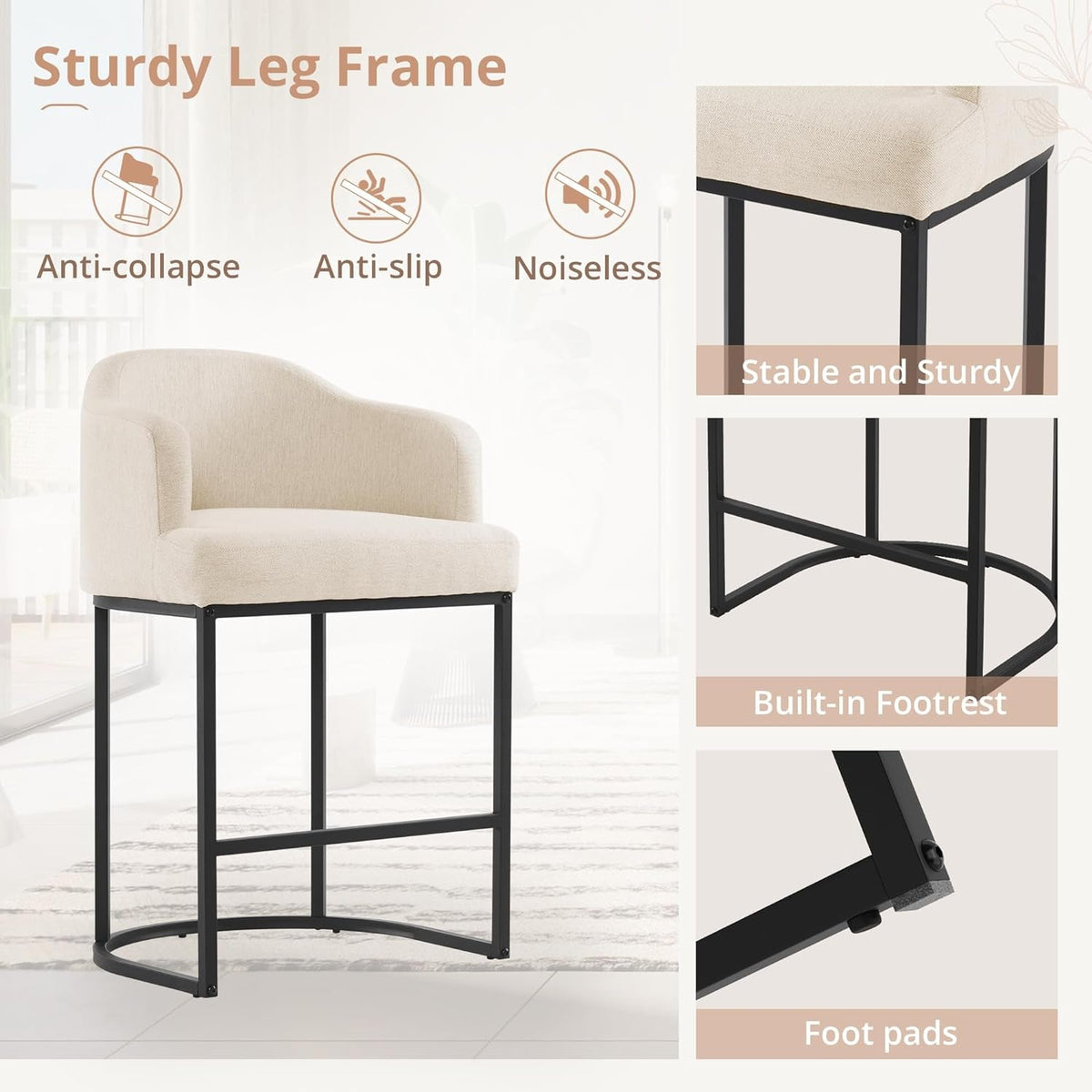 Counter Height Bar Stool Set Of 2 27 Inch High With Curved Backrest And Arms For Kitchen Island