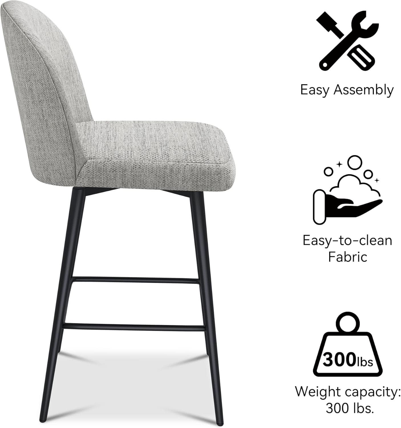 Counter Height Bar Stools 26 Inch 360 Swivel Grey Set of 3