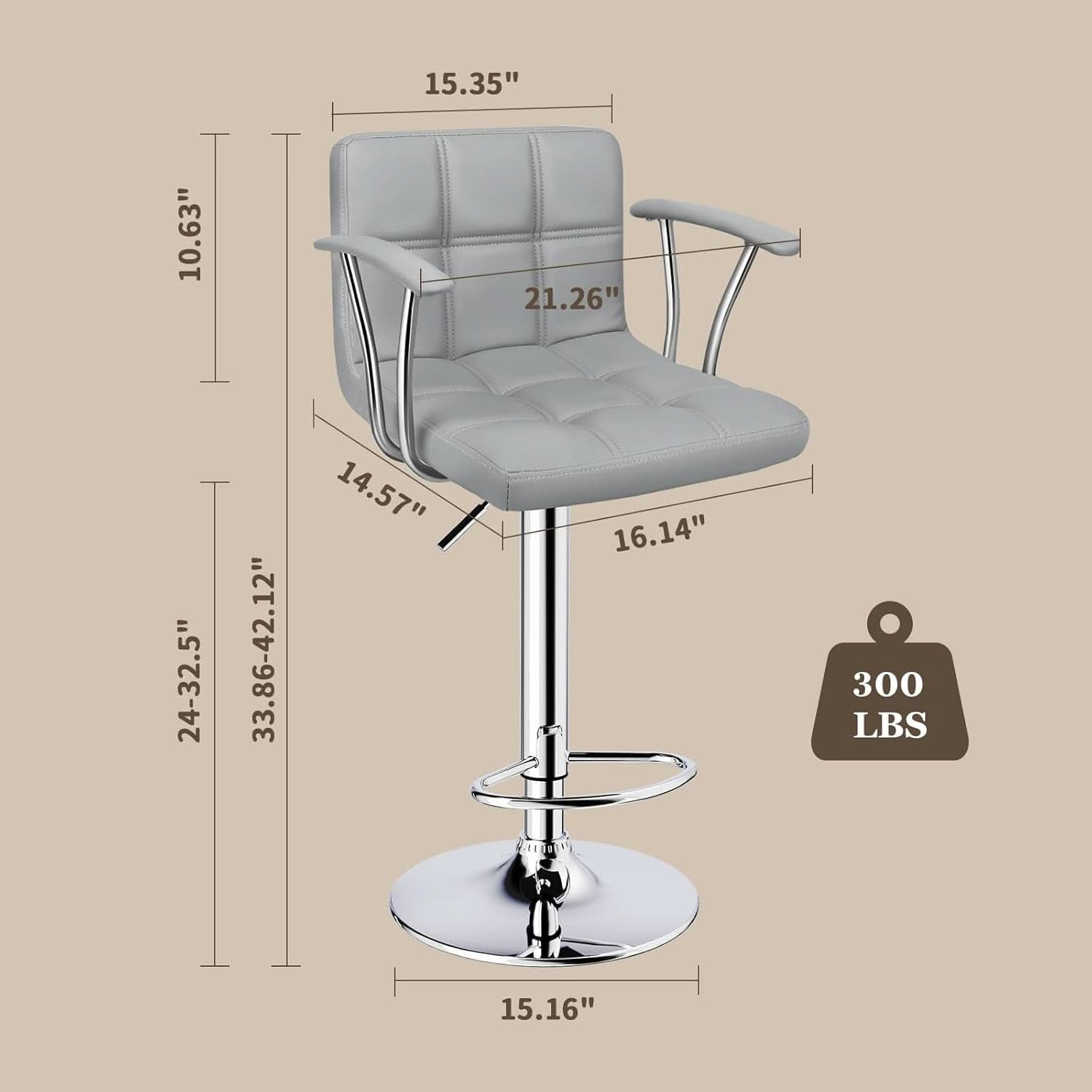 Counter Height Bar Stools Set 2 Armrest Swivel Leather Grey