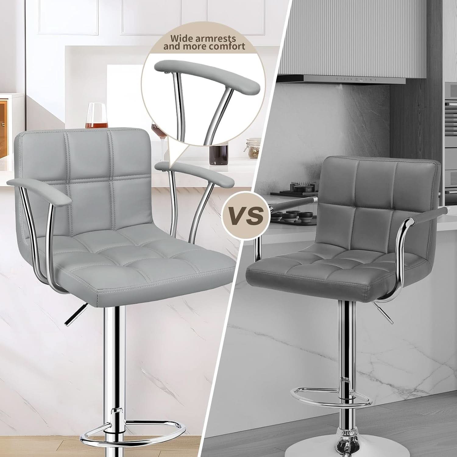 Counter Height Bar Stools Set 2 Armrest Swivel Leather Grey