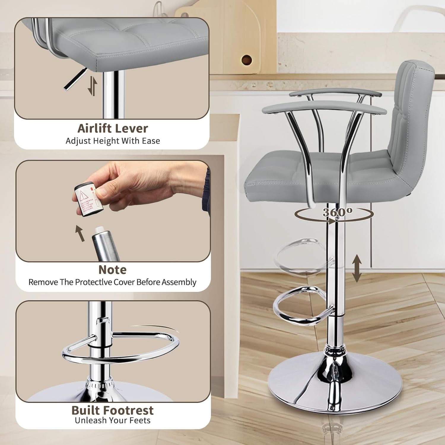 Counter Height Bar Stools Set 2 Armrest Swivel Leather Grey