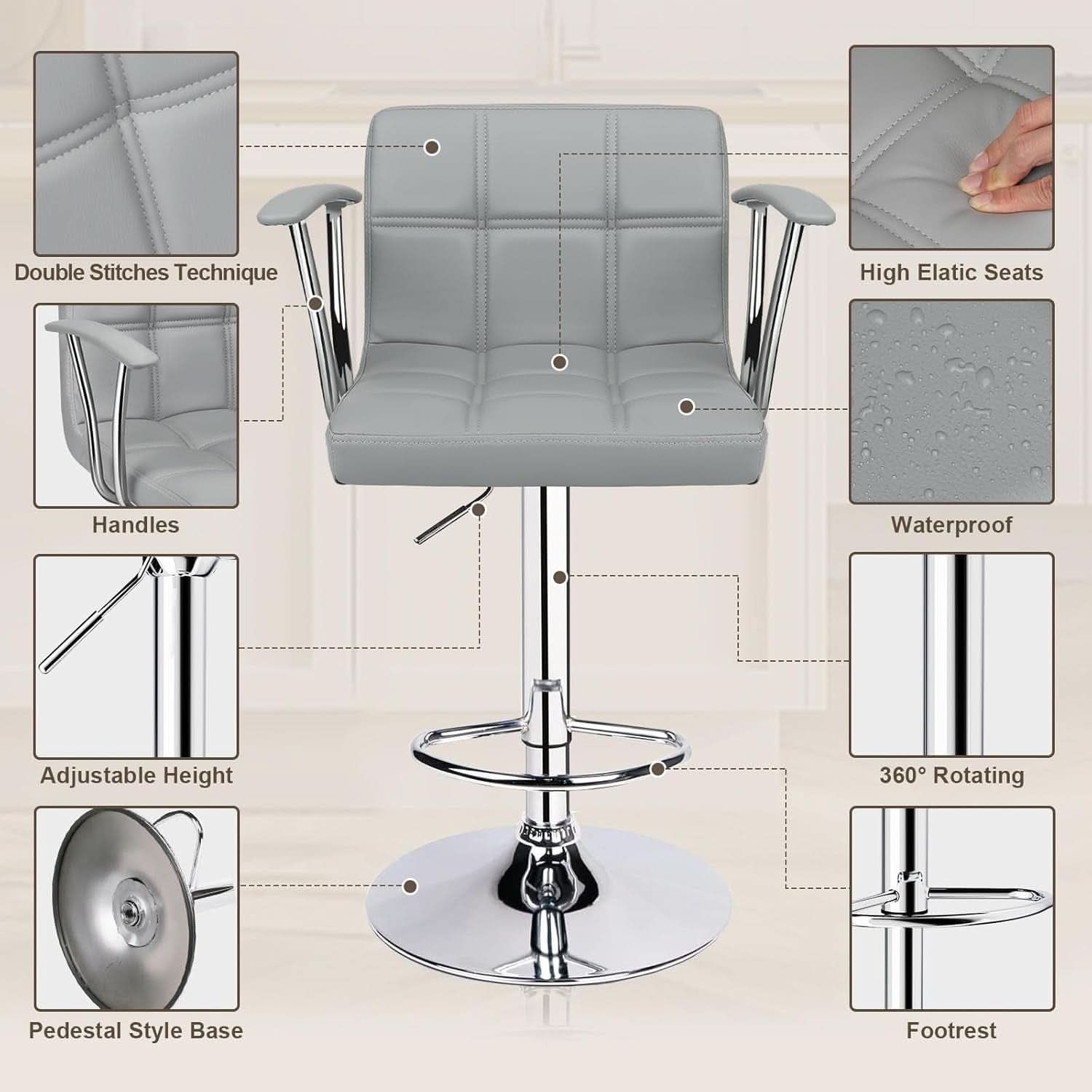 Counter Height Bar Stools Set 2 Armrest Swivel Leather Grey