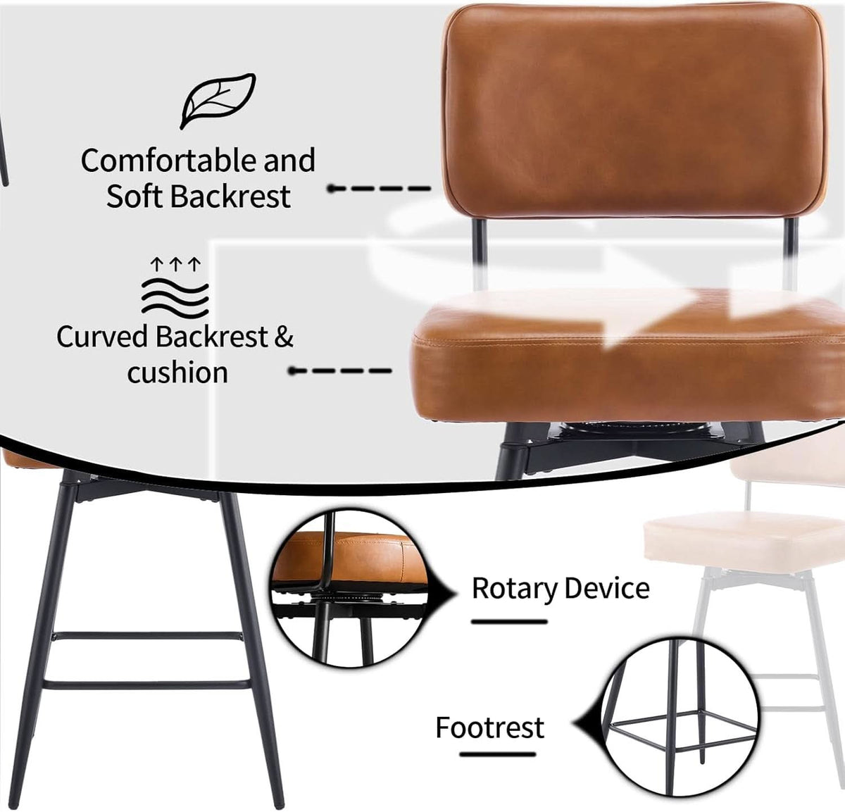 Counter Height Bar Stools Set Of 2 26 Inch Brown PU Leather