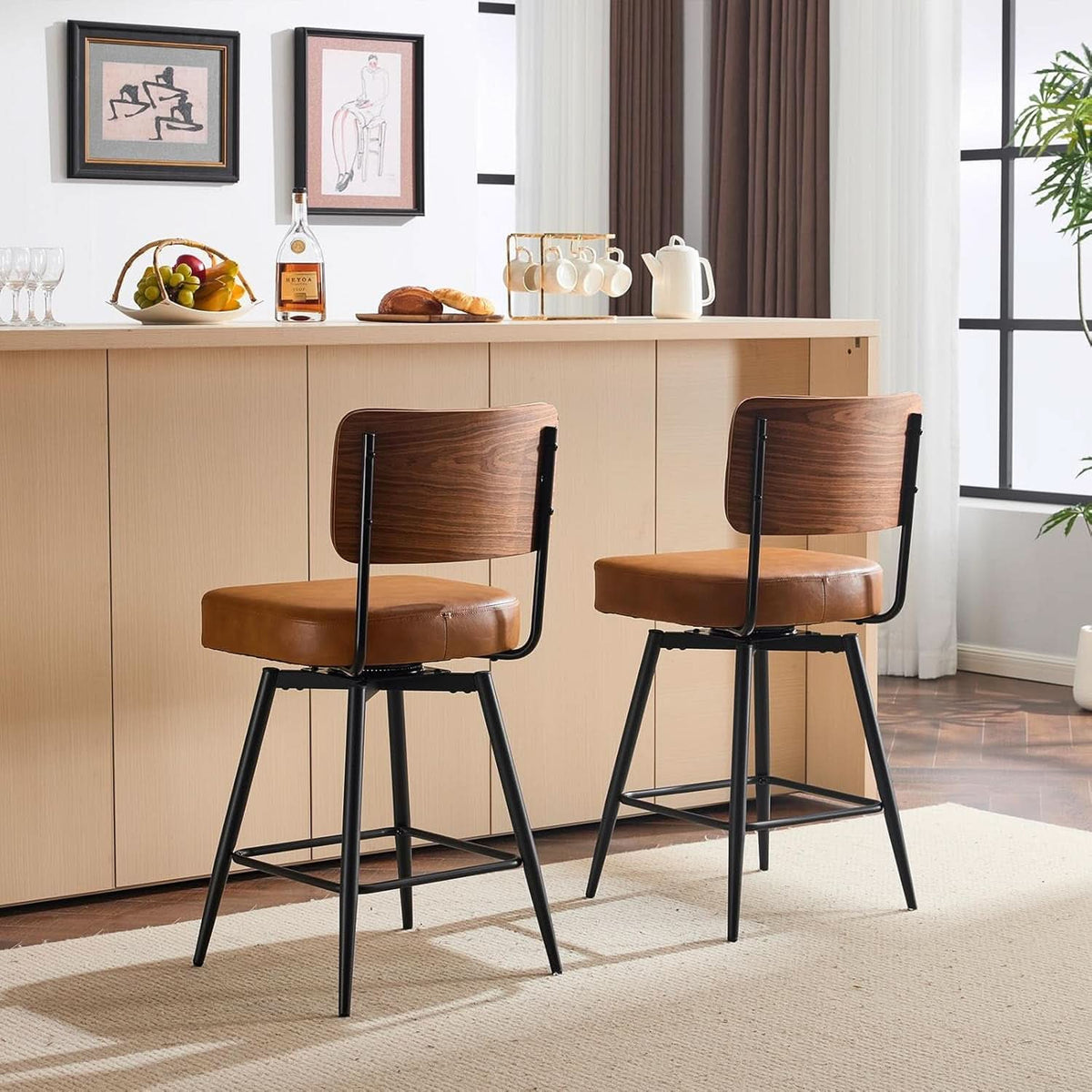 Counter Height Bar Stools Set Of 2 26 Inch Brown PU Leather