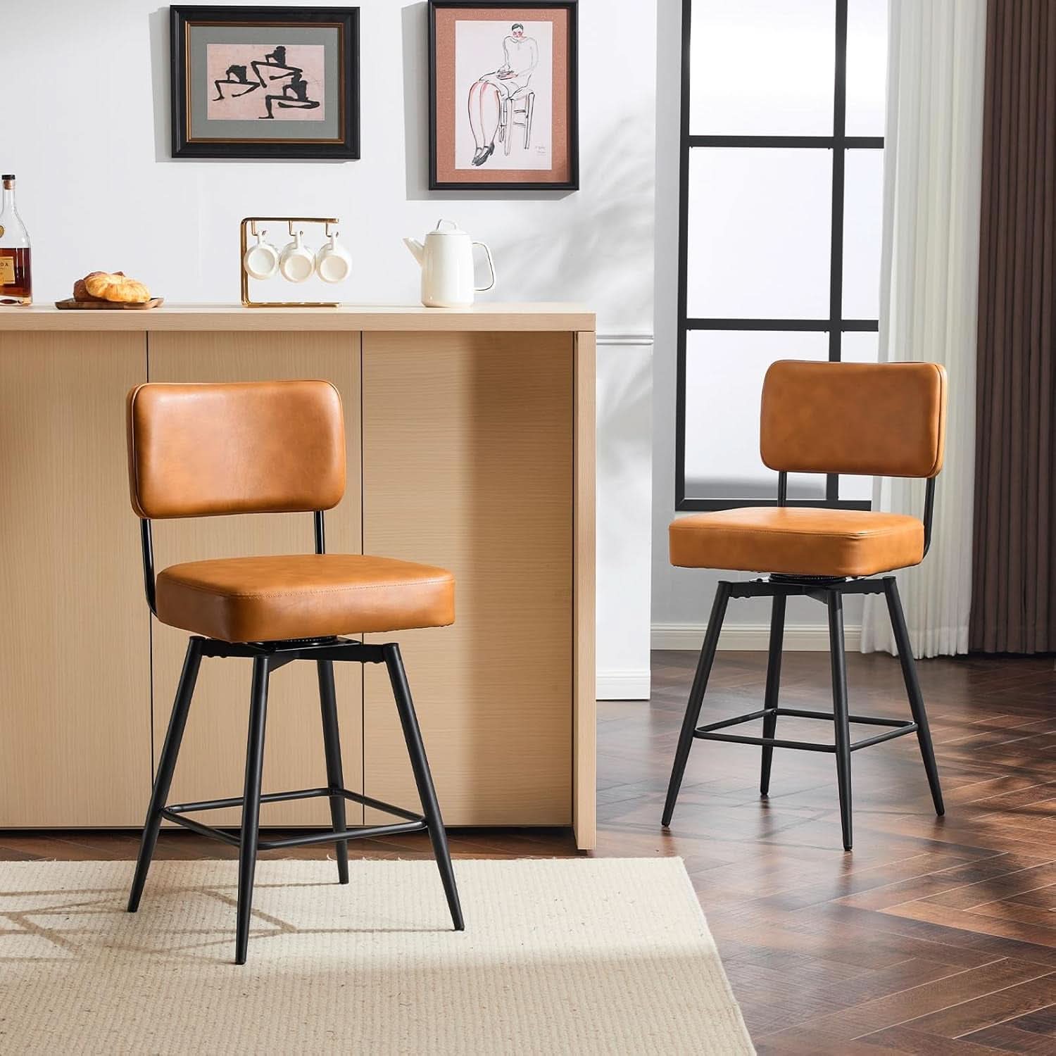 Counter Height Bar Stools Set Of 2 26 Inch Brown PU Leather