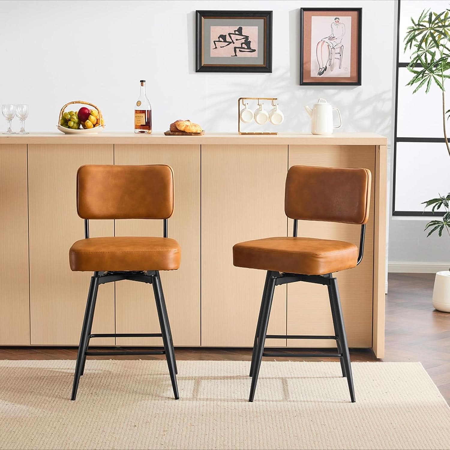 Counter Height Bar Stools Set Of 2 26 Inch Brown PU Leather