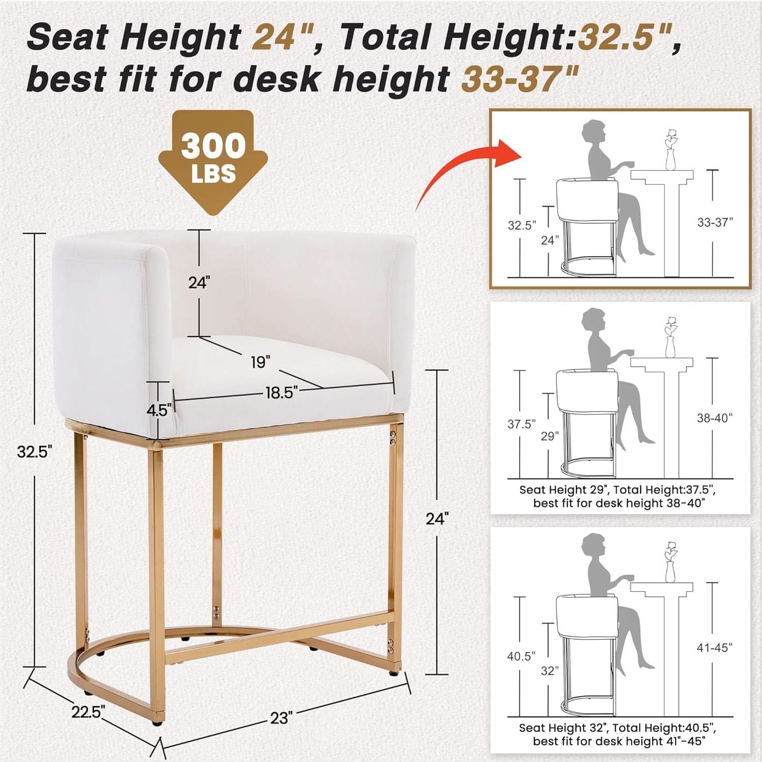 Counter Height Bar Stools Set Of 2 Ivory Velvet 24 Inch