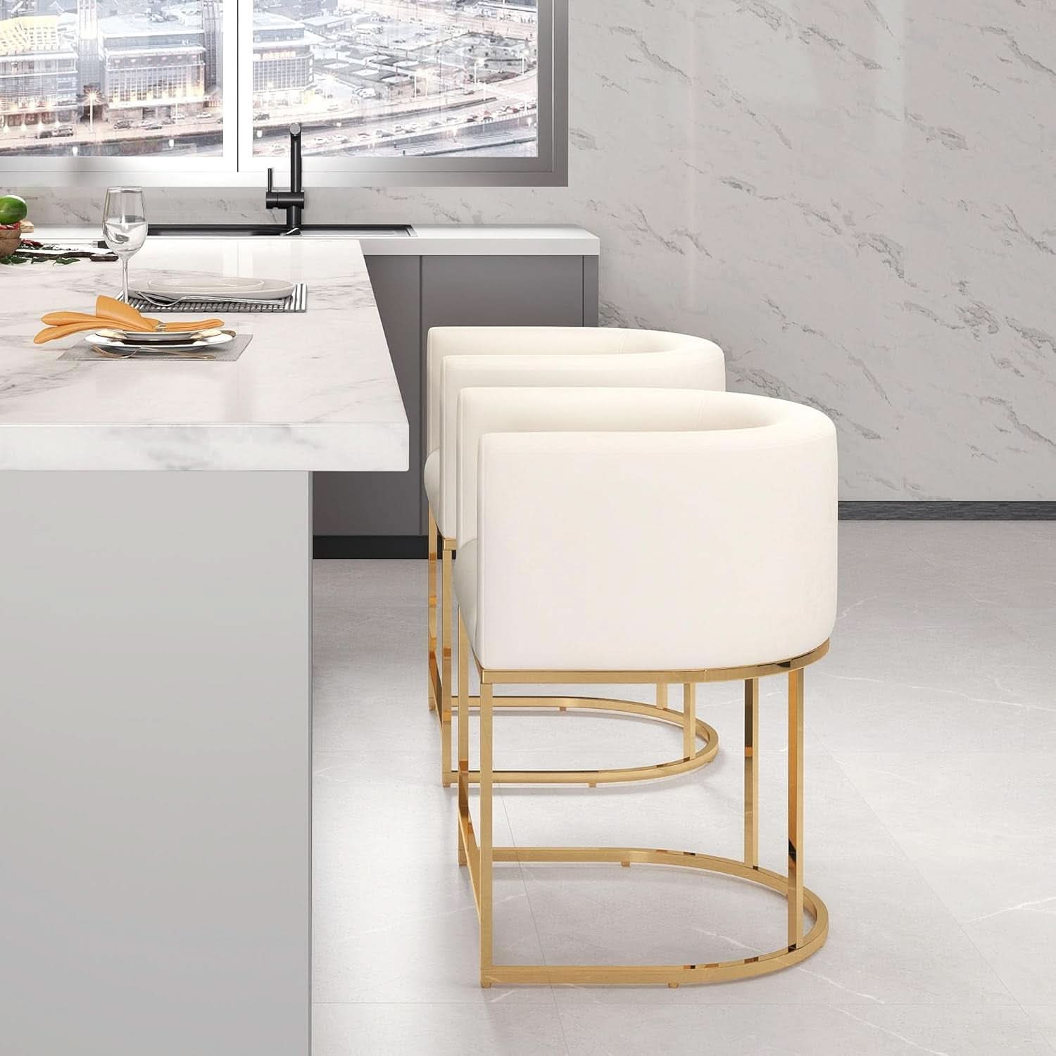 Counter Height Bar Stools Set Of 2 Ivory Velvet 24 Inch