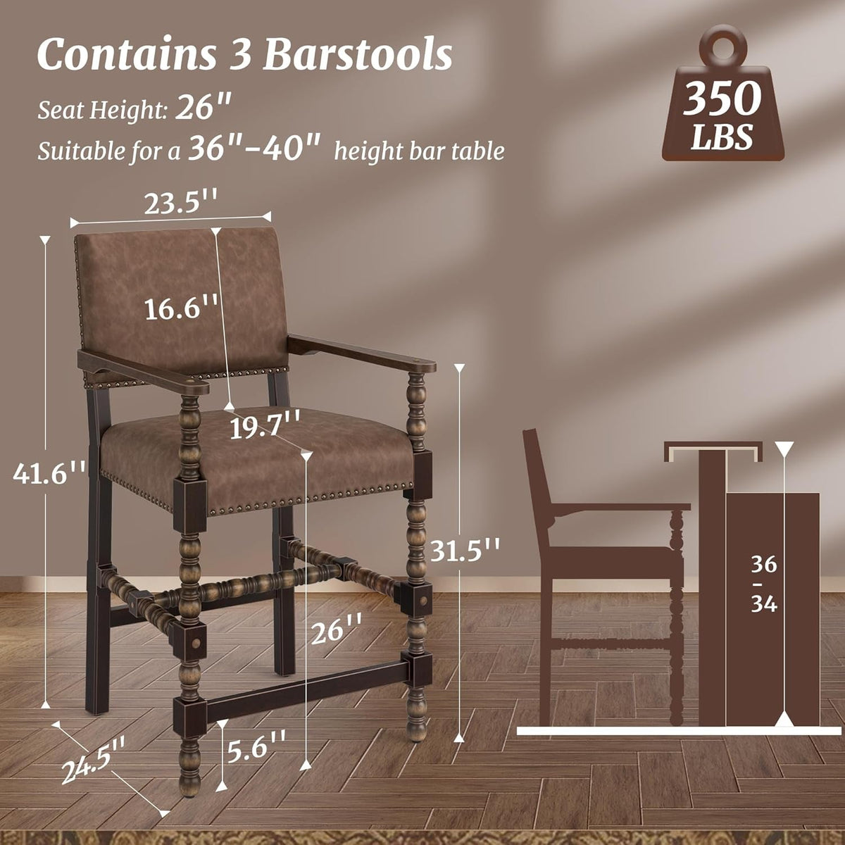 Counter Height Bar Stools Set Of 3 With Arms Brown Espresso