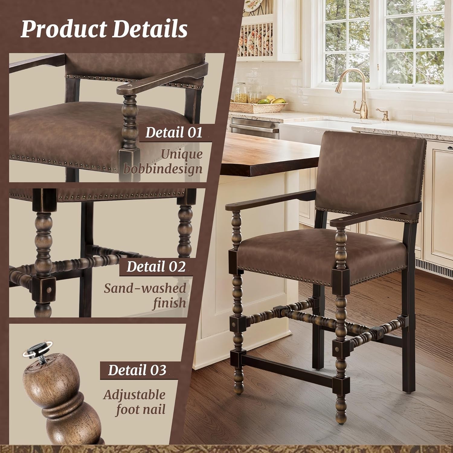 Counter Height Bar Stools Set Of 3 With Arms Brown Espresso