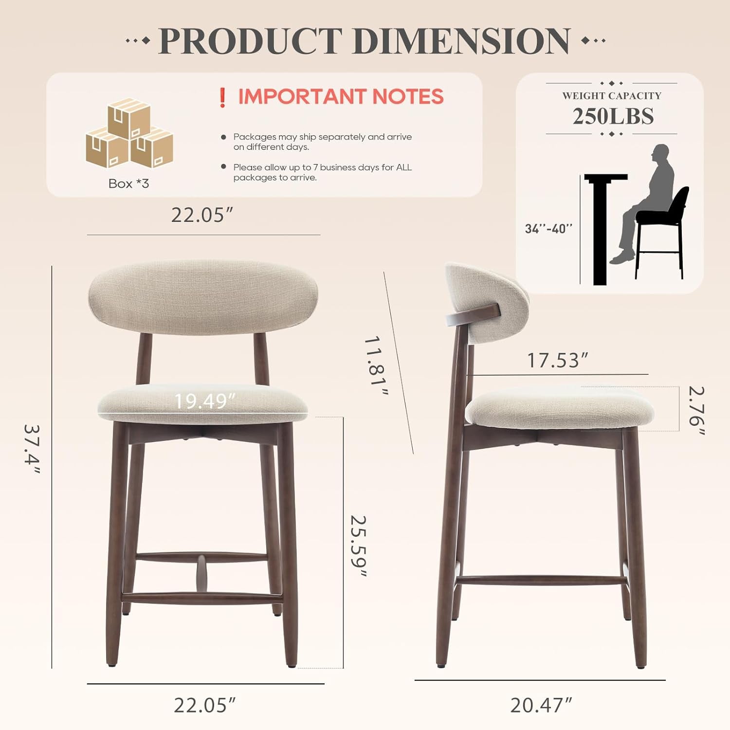 Counter Height Bar Stools Set Of 3 With Back Beige