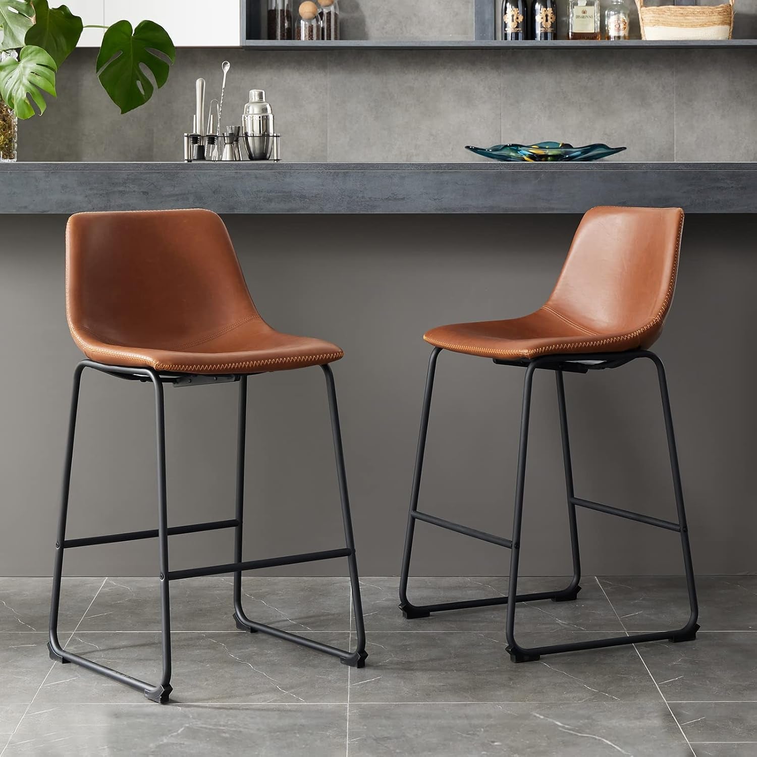 Counter Height Bar Stools Set Of 4 Brown Faux Leather With Back 26 Inch
