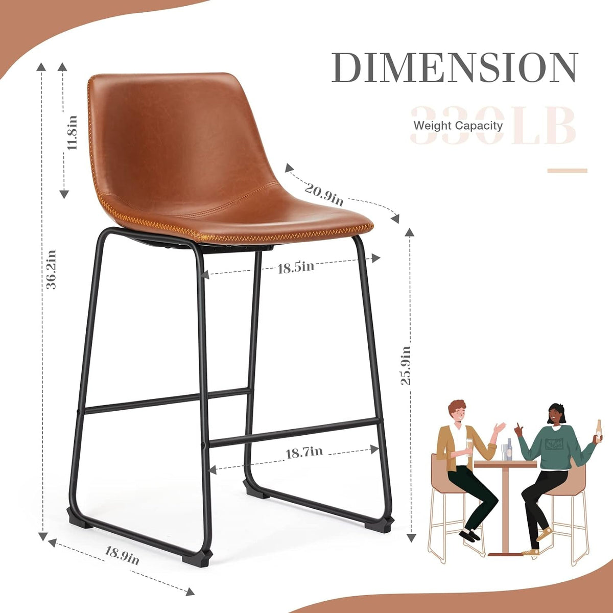 Counter Height Bar Stools Set Of 4 Brown Faux Leather With Back 26 Inch