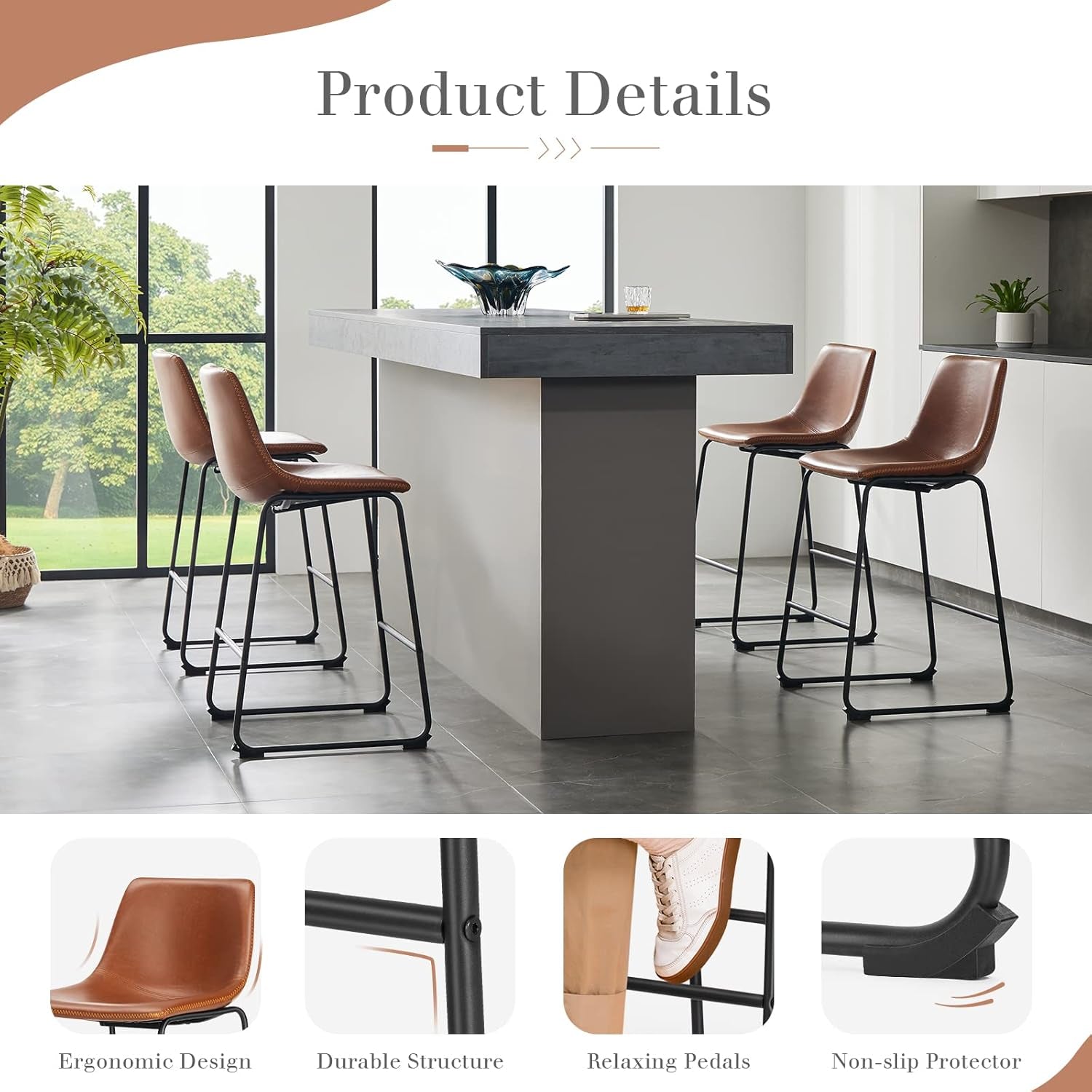 Counter Height Bar Stools Set Of 4 Brown Faux Leather With Back 26 Inch