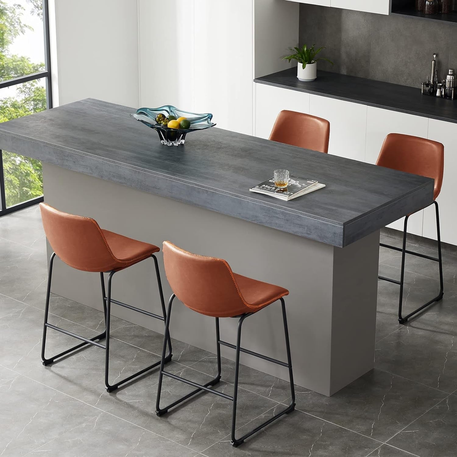 Counter Height Bar Stools Set Of 4 Brown Faux Leather With Back 26 Inch