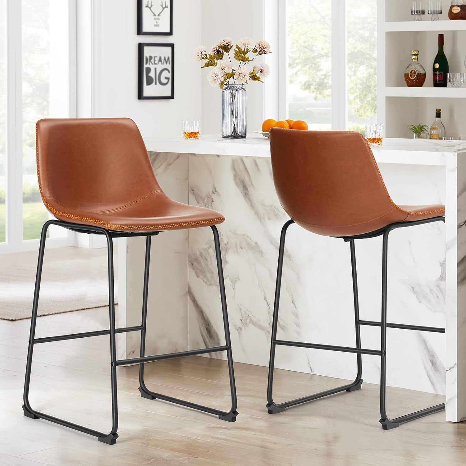 Counter Height Bar Stools Set Of 4 Brown Faux Leather With Back 26 Inch
