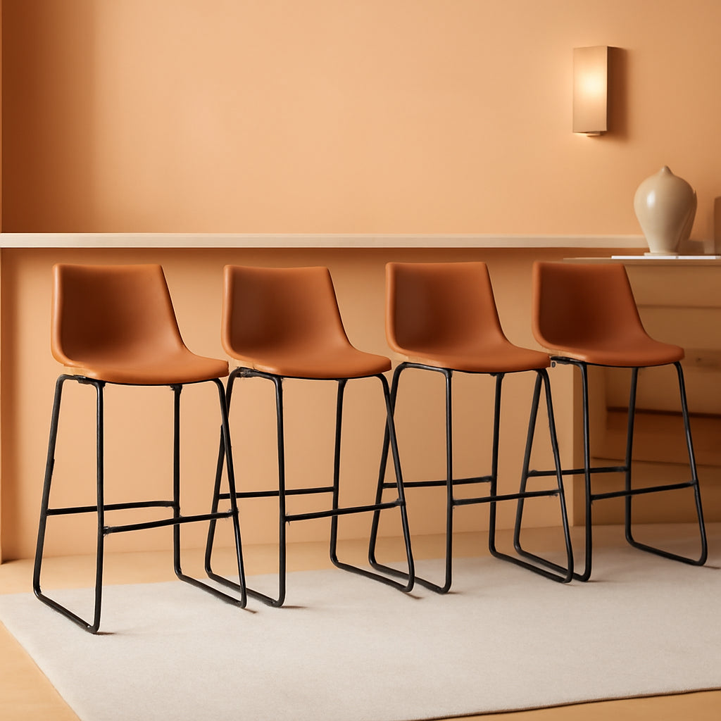 Counter Height Bar Stools Set Of 4 Brown Faux Leather With Back 26 Inch