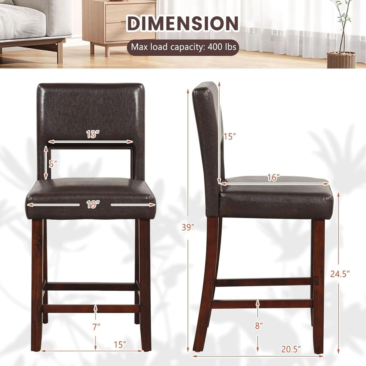 Counter Height Bar Stools Set Of Two, Twenty Four Point Five Inch, Brown Upholstered PVC Leather