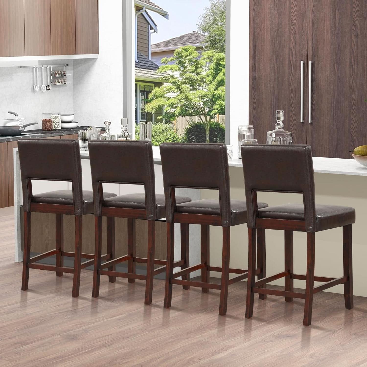 Counter Height Bar Stools Set Of Two, Twenty Four Point Five Inch, Brown Upholstered PVC Leather