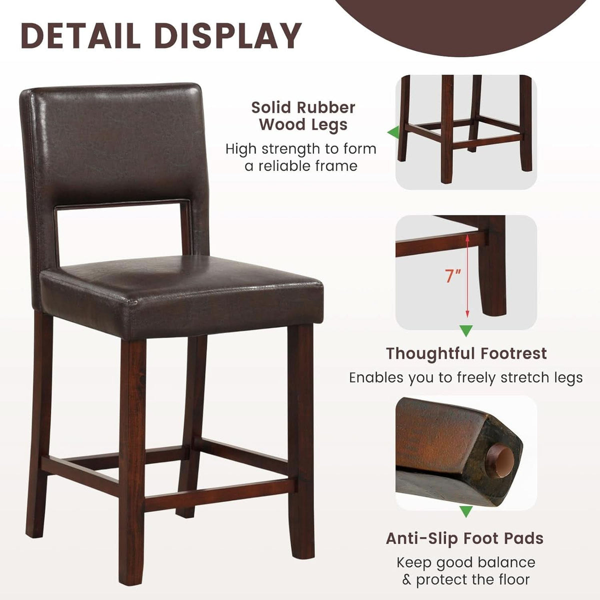 Counter Height Bar Stools Set Of Two, Twenty Four Point Five Inch, Brown Upholstered PVC Leather