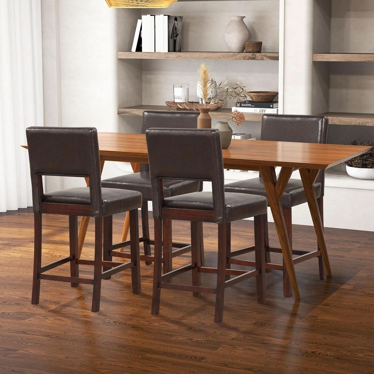 Counter Height Bar Stools Set Of Two, Twenty Four Point Five Inch, Brown Upholstered PVC Leather