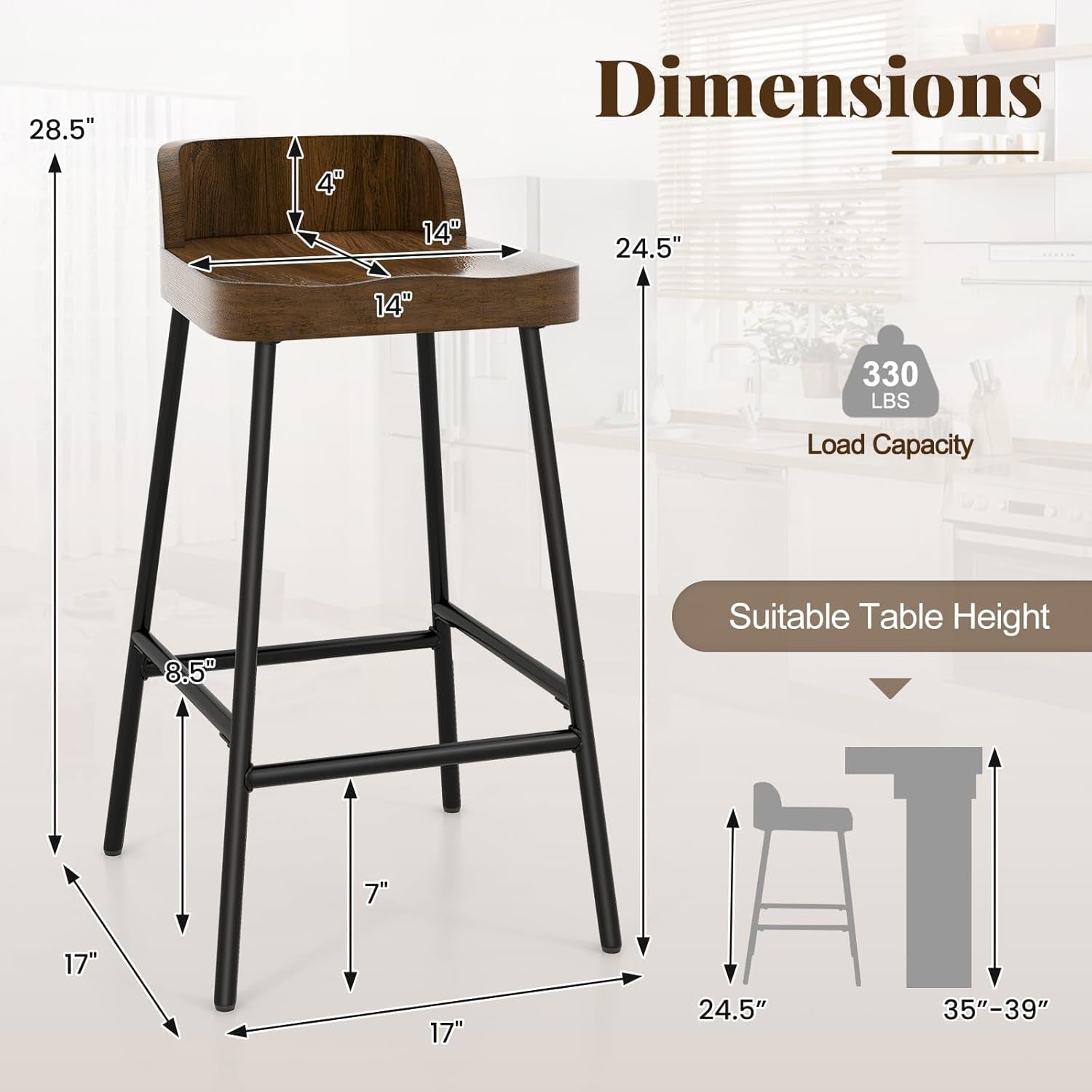 Counter Height Bar Stools Set of Two with Backrest