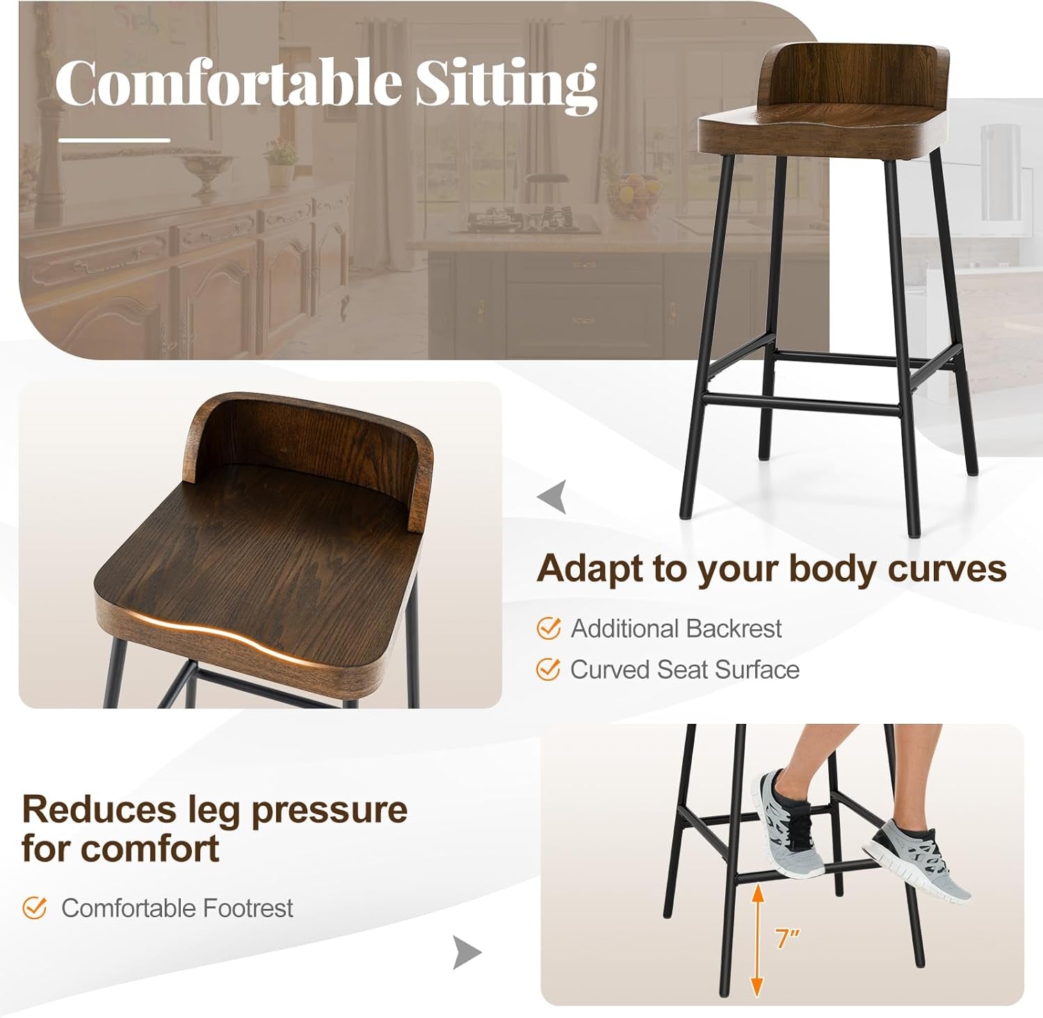 Counter Height Bar Stools Set of Two with Backrest