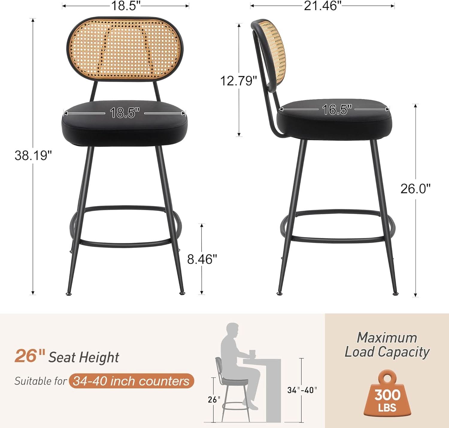 Counter Height Bar Stools Set of Two with Rattan Back
