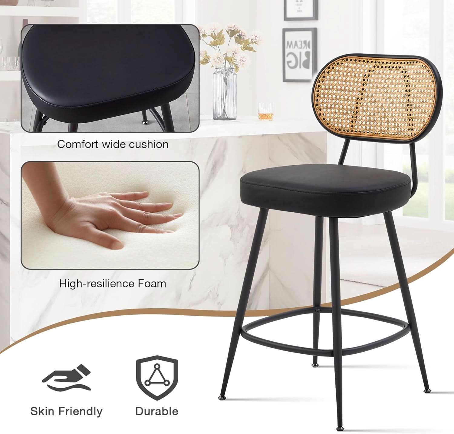 Counter Height Bar Stools Set of Two with Rattan Back