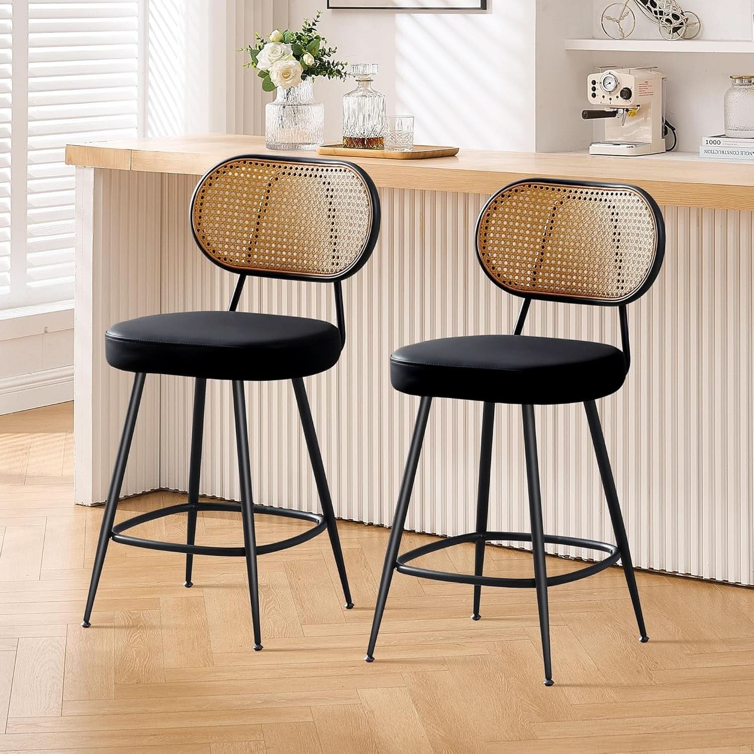 Counter Height Bar Stools Set of Two with Rattan Back